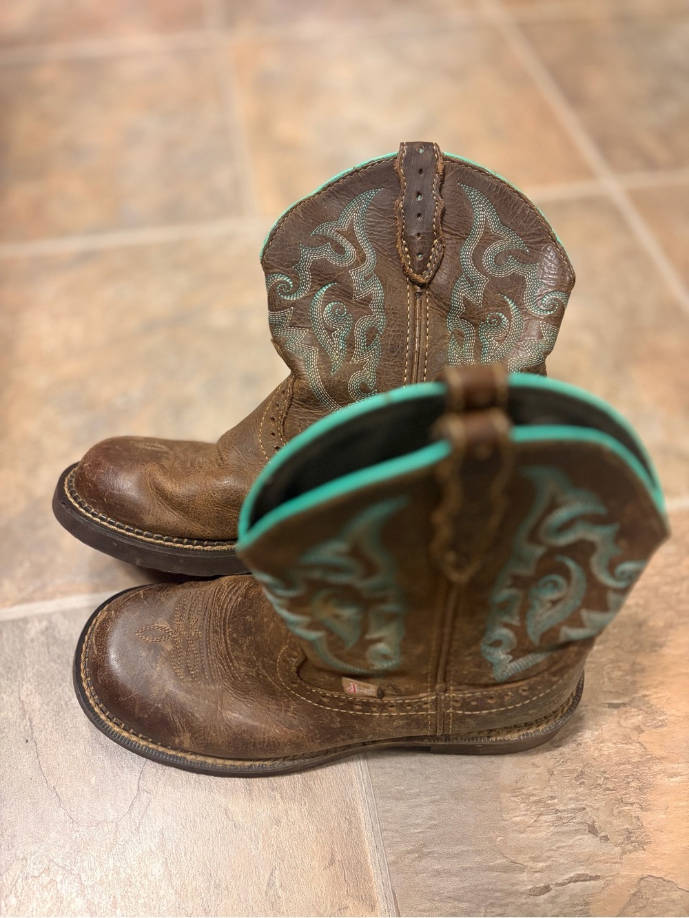 Justin Boots Brown Leather Cowboy Boots with Teal Stitching 7.5 B